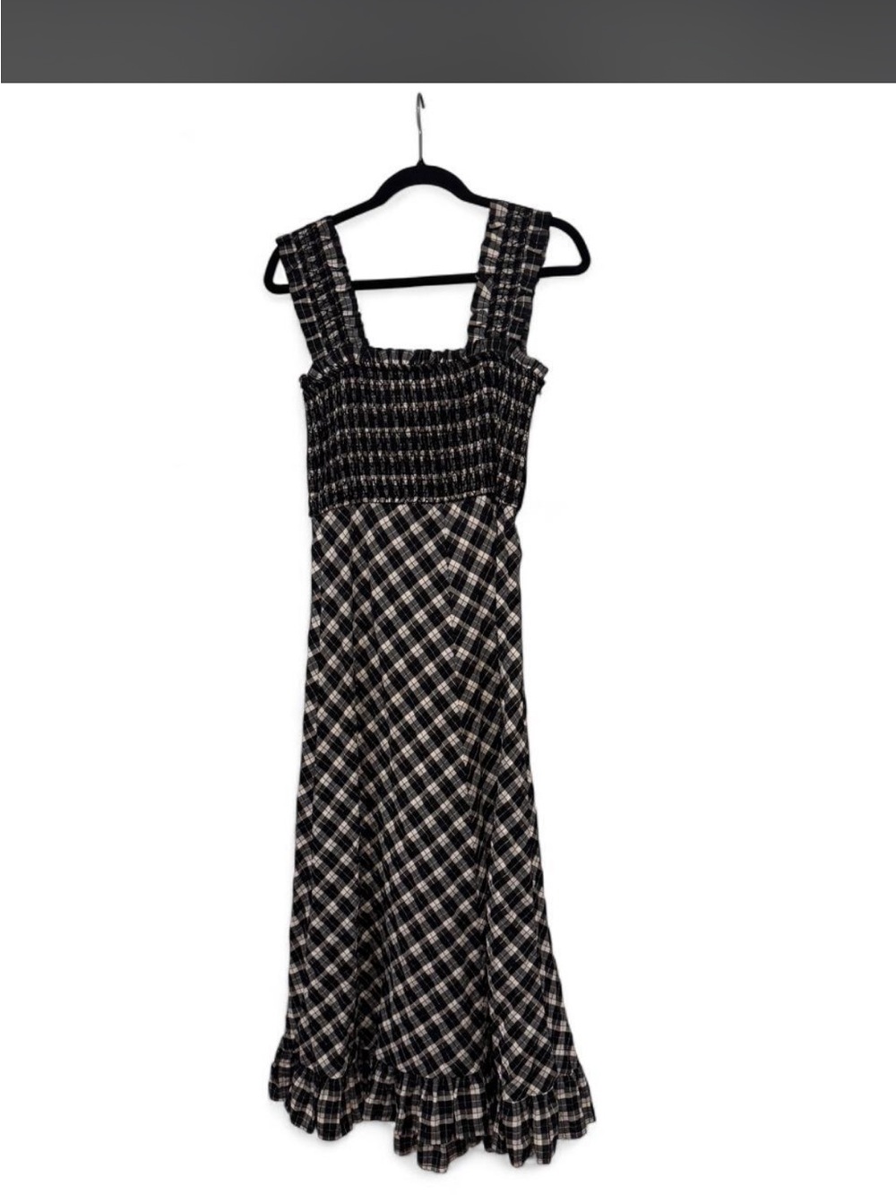 Ganni Black and White Plaid Smocked Maxi Dress